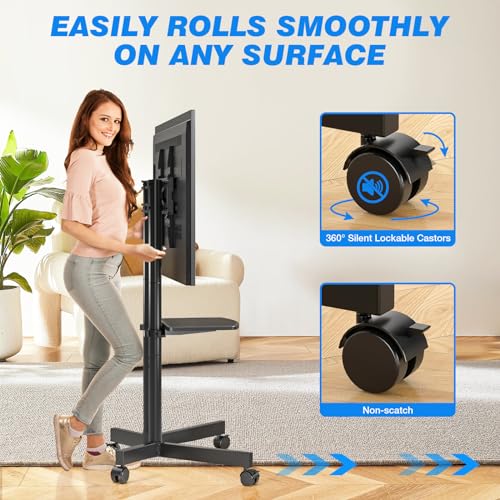 Rfiver Rolling TV Stand with Shelf - Height Adjustable Mobile TV Cart for 32-75 Inch TVs, Upgraded 360° Wheels, 88 lb Capacity, With Shelf