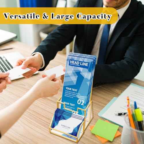 4 Pcs Glass Display Stand Set 2 Gold Glass Brochure Holder Stand 2 Gold Business Card Holder for Office Desktop Countertop Name Card Magazine Literature Journal (4 x 8 '')