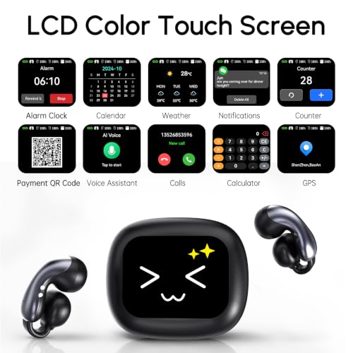 KOUO Black Clip-On Translation Earbuds with LCD Touch Screen for Travel & Study