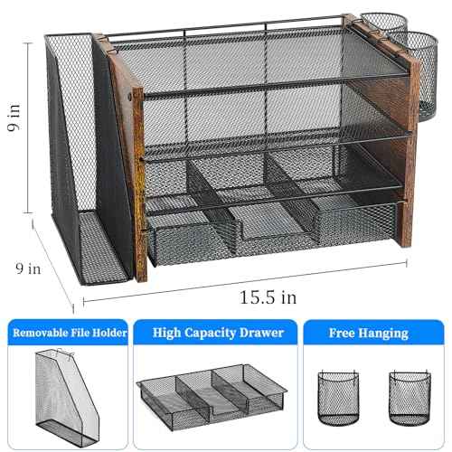 Desk Organizer and Accessories, 4-Tier Desktop File Organizer with Drawer and 2 Pen Holders, Office Desk Accessories for Office Supplies(Wood)