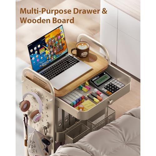 ALVOROG Rolling Cart with Drawer and Wood Table Top, 3 Tier Metal Rolling Utility Cart on Wheels with DIY Pegboards, Hanging Baskets, Hooks for Kitchen, Bedroom, Office, Craft Supplies