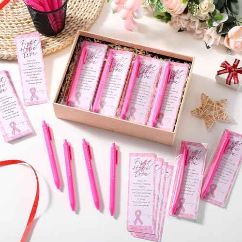 100 Sets Breast Cancer Care Gifts Breast Cancer Awareness Pens Pink Ballpoint Pens Pink Ribbon Pin Hope Cards and Bags Inspirational Gifts for Women Charity Fundraiser Campaign Party Favors