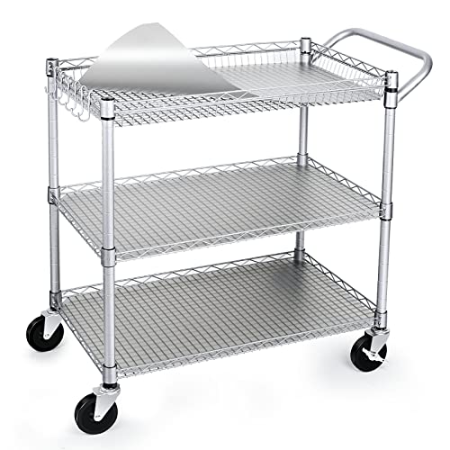 WDT 990Lbs Heavy-Duty Rolling Utility Cart 3-Tier, NSF Steel Kitchen Cart with Handle, 4 Quiet Casters, Gray (Variation: Gray-3 Tier)
