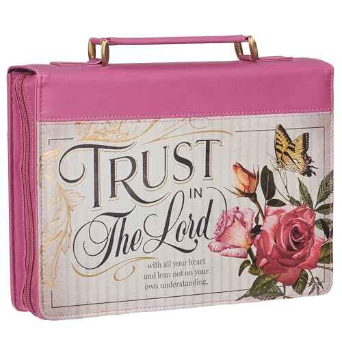 Christian Art Gifts Rose Pink Floral Fashion Bible Cover for Women: Trust in The Lord - Prov. 3:5 Inspirational Scripture Verse, Vintage Vegan Leather Book Carry Case Bag w/Stationery Storage, Large