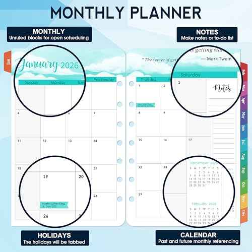 2026 Planner Refills - A5 Planner Inserts with 7-Hole Punched, JAN 2026 - DEC 2026, 5-1/2" x 8-1/2", Planner Refills 2026, A5 Binder Inserts, 2026 Weekly and Monthly Planner Refill with Colorful Tabs