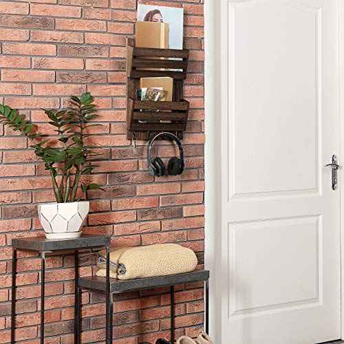 Mail Holder for Wall, Wooden Mail Sorter with 4 Key Hooks, 2 Slot Wall Mounted Mail Sorter Letter Bills Newspaper Magazine Organizer for Entryroom Hallway Office Garage, Rustic Brown