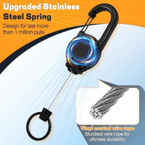 Retractable Keychain 3 Pack, Heavy Duty ID Badge Holder Reel, Multitool Carabine Key Holder for Keychain, Badge Holder with 25.6" Steel Retractable Cord Key Ring Clip, 8.8 oz (Black+Purple+Orange)