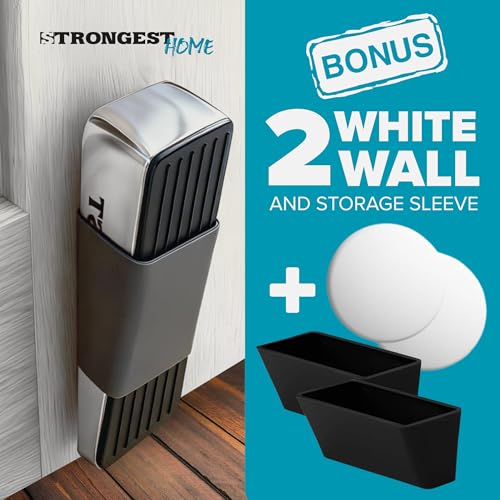 Chrome Heavy Duty Door Stopper Set - Non-Slip Wedge for Heavy Doors, 2 Pack + Wall Protectors - Standard Variation