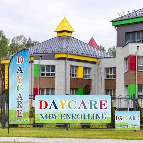5 Set Daycare Now Enrollling Sign Include 3 Daycare Yard Sign with Stake 7 ft Feather Advertising Flag with Pole 8 x 11 ft Banner for Business Promotion