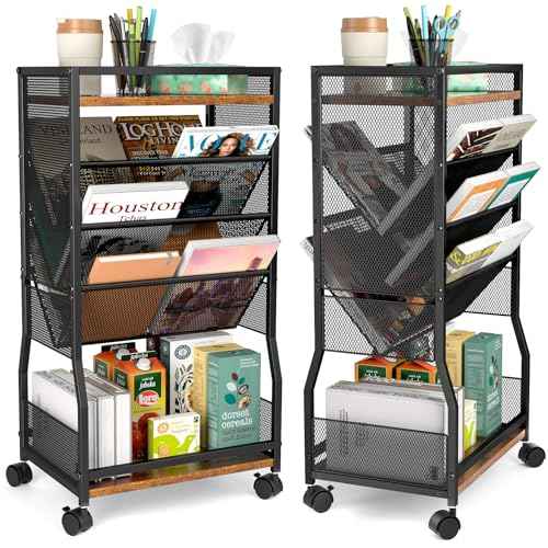 8 Tier Rolling Book Cart with Wheels, Mobile Book Storage Cart with 2 Sides Access Bookcase for Narrow Space, Rolling File Organizers and Storage for Home Office Living Room Classroom School