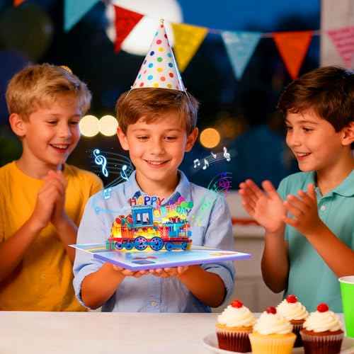 3D Train Pop Up Musical Birthday Card for Grandson, Granddaughter, Kids, Boys and Girls, Light Up Features, Plays 'Happy Birthday' Song, Fun Interactive Birthday Greeting