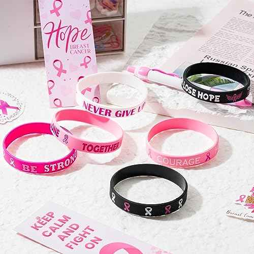 WATINC Breast Cancer Awareness Silicone Bracelets Set - Pink Ribbons Hope Faith Strength Courage Stretch Wristbands, Motivational Rubber Bracelet with Inspirational Messages for Women (240Pcs)