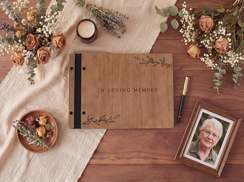 Funeral Guest Book with Signing Pen – Memorial Wooden Guestbook in Cherry Wood