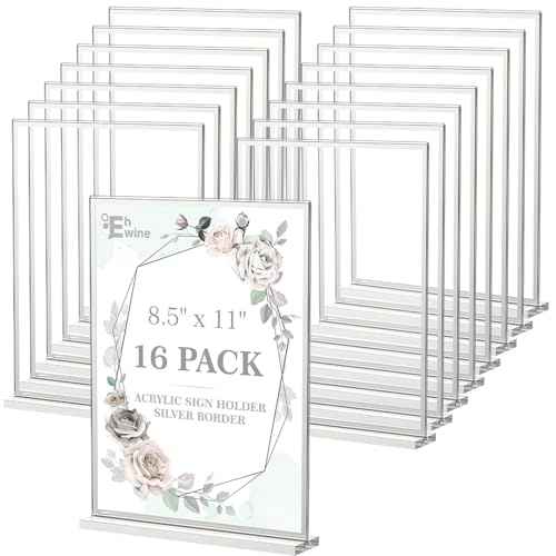 EHWINE 16 Pack Acrylic Sign Holder 8.5 x 11, Double-Sided Tabletop Silver Sign Holder, Clear Acrylic Picture Frame Menu Flyer Paper Holder Display Stand for Home Wedding Party (with Non-Slip Pads)