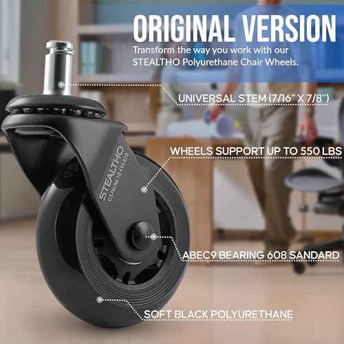 Stealtho Original Office Chair Wheels Set of 5 - Protect Hardwood Floor & Carpet - Heavy Duty Replacement Casters - Black Soft Polyurethane - Standard Fit 7/16" x 7/8"