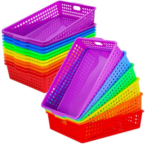 12 Pcs Plastic Classroom Storage Baskets Bulk 14 x 10 In Turn in Paper Tray for Classroom A4 Size Colorful Storage Organizer Bin with Handles Stackable Container for Playroom Home Office School Supply