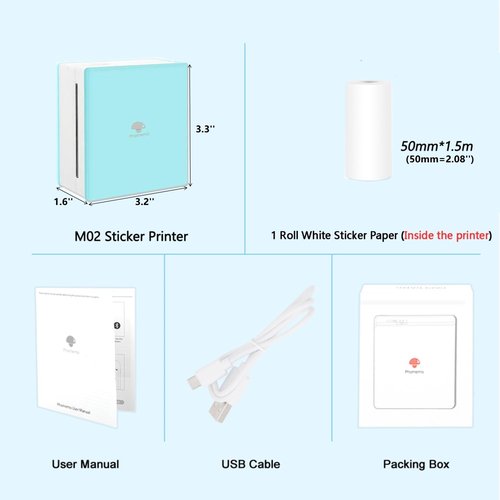 Phomemo Mini Sticker Printer- Mini Printer Sticker Maker Machine M02, Print Pods Suitable for Student Name Label, Study Notes, Creative DIY, Diaries, Portable Thermal Printer for School/Home/Office