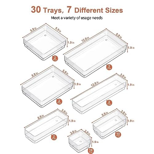 SMARTAKE 30-Piece Drawer Organizer with Non-Slip Silicone Pads, 7-Size Desk Drawer Organizer Trays Storage Tray for Makeup, Jewelries, Utensils in Bedroom Dresser, Office and Kitchen (Clear)