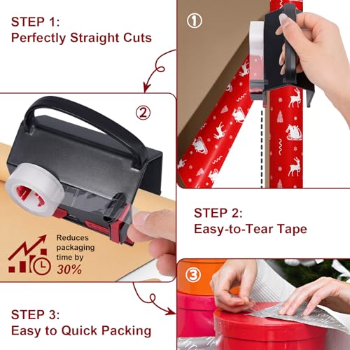 Wrapping Paper Cutter & Tape Dispenser? Dual-Use Gift Wrap Tool with 4 Tapes & 2 Replacement Blades ? Paper Roll Holder for Christmas, Birthday, Holiday ? Sliding Slicing Tube Design (2-Pack)