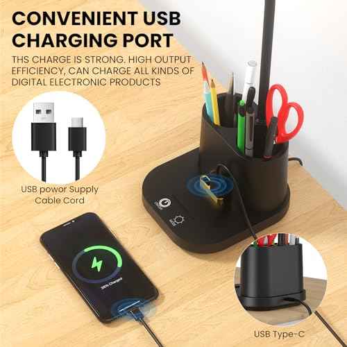 Desk Lamp for Home Office, with USB Charging Port & Pen Holder, Touch Control Dimmable, Perfect for Study, Reading, Work - Black