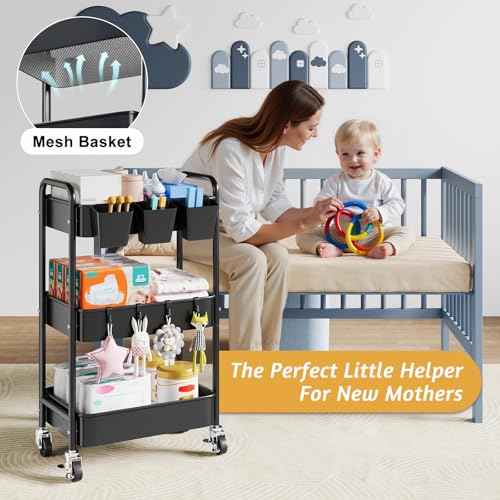 3 Tier Rolling Cart Metal with Wheels, Black Three Tiered Utility Craft Cart Organizer on Wheels, Roller Storage Carts for Baby, Diaper Caddy, Art, Snack, Nail, Lash, Cleaning, Dorm, Bathroom, Laundry