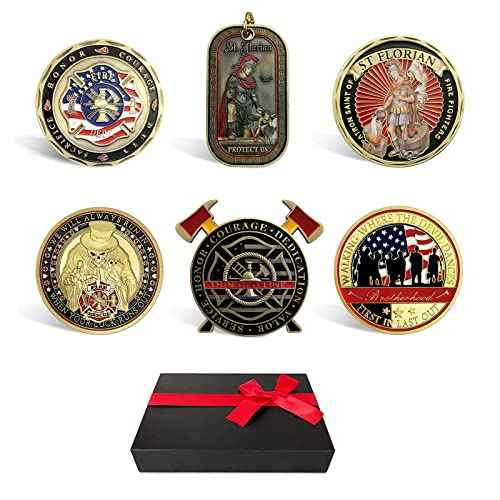 Firefighter Challenge Coin- Fireman Coin Gift Box with 6 Fire Department Prayer Badge, Firefighter Gifts for Men/Women/Son/Dad