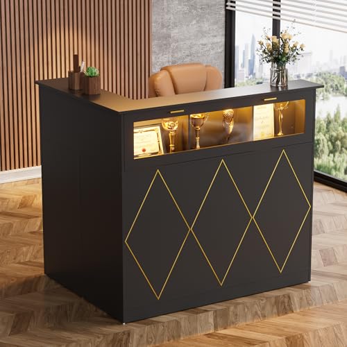 PAKASEPT 50" Modern Reception Desk with LED Lights, Glass Display Shelf, Black