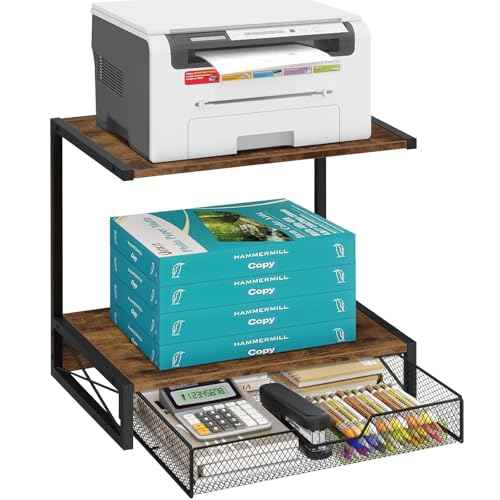 ELITEROO 2-Tier Desktop Printer Stand with Storage Drawer, Wooden Printer Stand for Desk, Small Printer Table with Shelf for Home Office, Fits Fax Machine, Scanner, 3D Printer, Rustic Brown