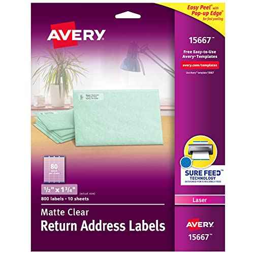 Avery Matte Clear Return Address Labels, Sure Feed Technology, Laser, 1/2" x 1-3/4",800 Labels,5 Packs (15667)
