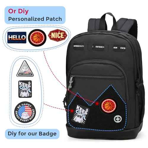 Swissdigital Design Cool Backpack, Stylish School Laptop Backpack with Fun Personalized Patches Fits 16 Inch Notebook, Travel Casual Bag Pefect for Boys & Girls, Black | BERIKON - Includes 3 Patches