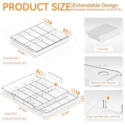 Yieach Large Expandable Desk Drawer Organizer Tray for Office Supplies and Accessories With 12 Adjustable Compartments,Office Drawer Organizers for Pencil,Pen and Kitchen Junk Drawer Organizer,Clear