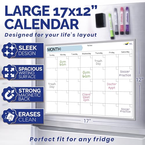 Large Magnetic Refrigerator Calendar with Dry Erase Surface, Sunday Start, 17x12"