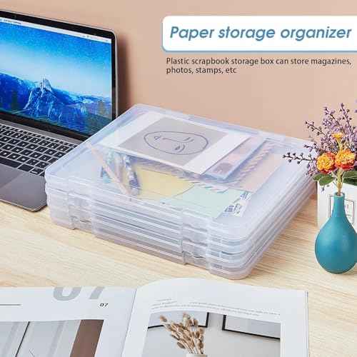 Gueevin 8 Pcs Clear A4 File Portable Paper Project Case, Storage Container, Plastic Flat Box Buckle, Document Letter Storage Box with Handle, 12.2 x 9.06 x 0.79 in for Board Game Magazine Scrapbook