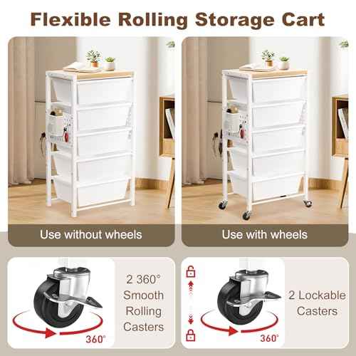 Rolling Cart with Drawers, Rolling Storage Cart with 3 Large Plastic Drawers & Wooden Tabletop, Utility Cart for Living Room, Classroom, Bedroom, Office