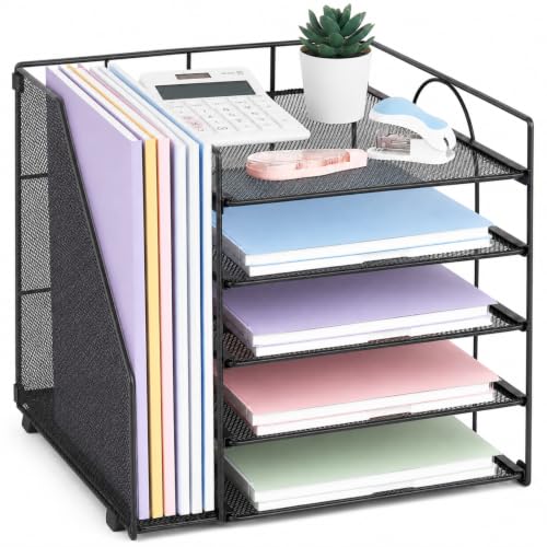 LEKETREE 12x12x12 Inch Black 5-Tier Desk Organizer with File Holder, Office Supplies