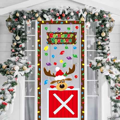 53 Pcs Christmas Bulletin Board Decorations Set Xmas Reindeer Stable Classroom Decor Xmas Bulb Elk Paper Cutouts with Borders for Door Wall School Classroom Winter Holiday Party Supplies