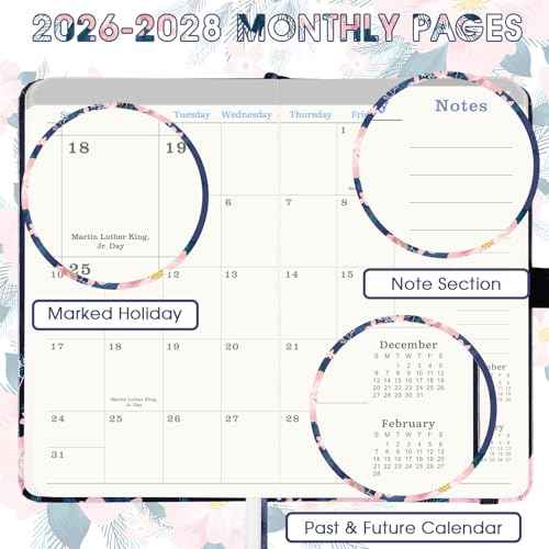 2026-2028 Pocket Calendar - 3 Year Monthly Planner from January 2026 - December 2028, 6.3" x 3.8", 2026-2028 MonthlyPlanner with 61 Notes Pages, Inner Pocket, Pen Loop, Elastic Closure