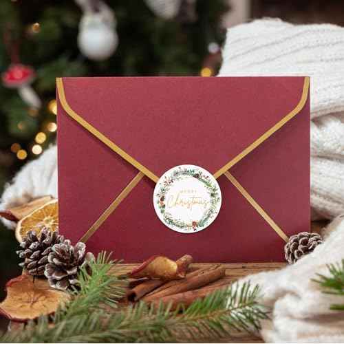 120pcs Merry Christmas Stickers for Cards Envelope Seals Gold Foil Large Round Adhesive Holiday Stickers for Invitation Gift Bags Box Sealing Parcel