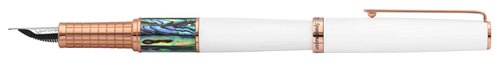 Xezo Speed Master Fountain Pen, Medium Nib. Matte White Color with Pāua Abalone Sea Shell. Rose Gold Plated. Lightweight Brass Body. No Two Alike. Etched With a Serial Number