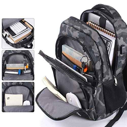 YAMTION 17 Inch School Backpack for Teen Boys,Bookbag for High School College Backpack with USB,Camouflage Black