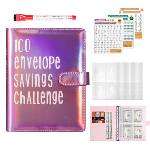 Pink Money Saving Binder with Envelope Challenge, 100 Slots, Compact Budget Organizer