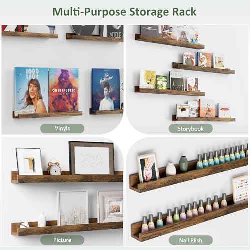 Vinyl Record Shelf Wall Mount 24 inch, Pack of 4 Album Record Holder Display, Wood Floating Shelves for Wall Decor, Album Shelves, Kids Bookshelf, Magazine Rack, Walnut