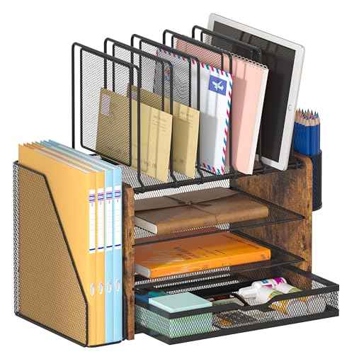 Piskyet Desk Organizer and Accessories, Wooden Desk File Organizer with Drawer,5 Vertical File Holders and 2 Pen Holders,Fancy Desktop Storage for Home Office