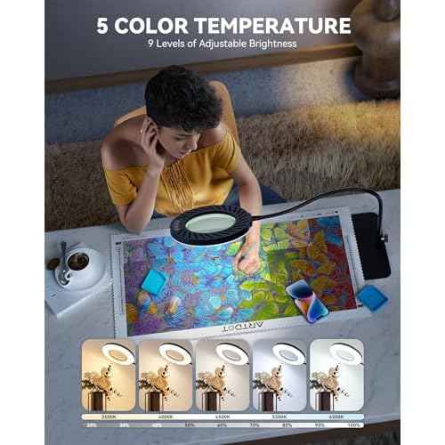 ARTDOT 10X Magnifying Glass with Light and Stand, 144 LEDs Desk Lamp with 5 Color Temperatures and 9 Levels Adjustable Brightness for Diamond Painting Accessories Crafts Reading Hobbies Close Work