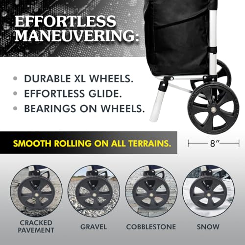 Ultra-Lightweight Black Foldable Shopping Cart for Groceries Large 42L Capacity Rubber Wheels, Removable Insulated Bag Liner, Durable Aluminum Frame, Multi-Function Personal Hand Truck