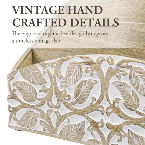 MyGift 3 Tier Rustic Solid Mango Wood Desk Mail Holder and Stationery Sorter with Hand Carved Leaf Pattern, Decorative Office Desktop Document Storage Organizer - Handcrafted in India