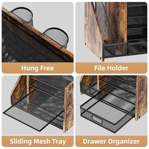 Marbrasse Desk Organizer with File Holder, 5-Tier Paper Letter Tray Organizer with Drawer and 2 Pen Holder, Mesh Desktop Organizer and Storage with Magazine Holder for Office Supplies (Wood-Brown)