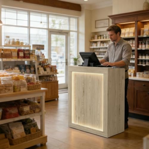 Oak Reception Desk with Lockable Drawer, 15.8x27x37.8in - Modern Front Counter