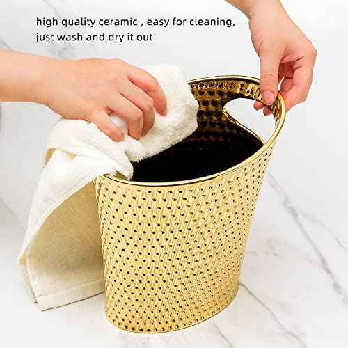 Mini Desktop Trash Can, 1.5L Capacity, Gold Color, Ceramic Material, Inclined Opening Design, Fits Small Spaces