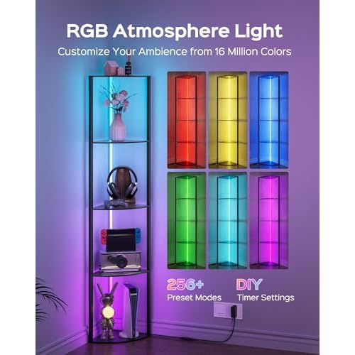 JACKYLED 5-Tier Corner Display Shelves, RGB Led Floor Lamp Corner Storage for Books Perfume Shelf with Light, Remote and App Control Music Sync Scheduled On/Off Tall Curio Cabinet